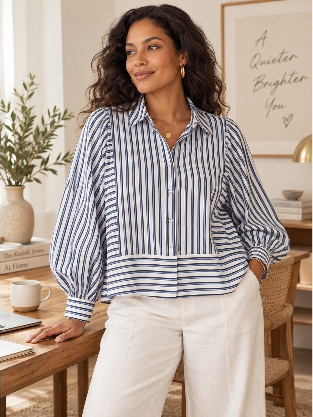 NWT Cleobella Isadora Blue Striped Cotton Linen Button Front Blouse Top XL